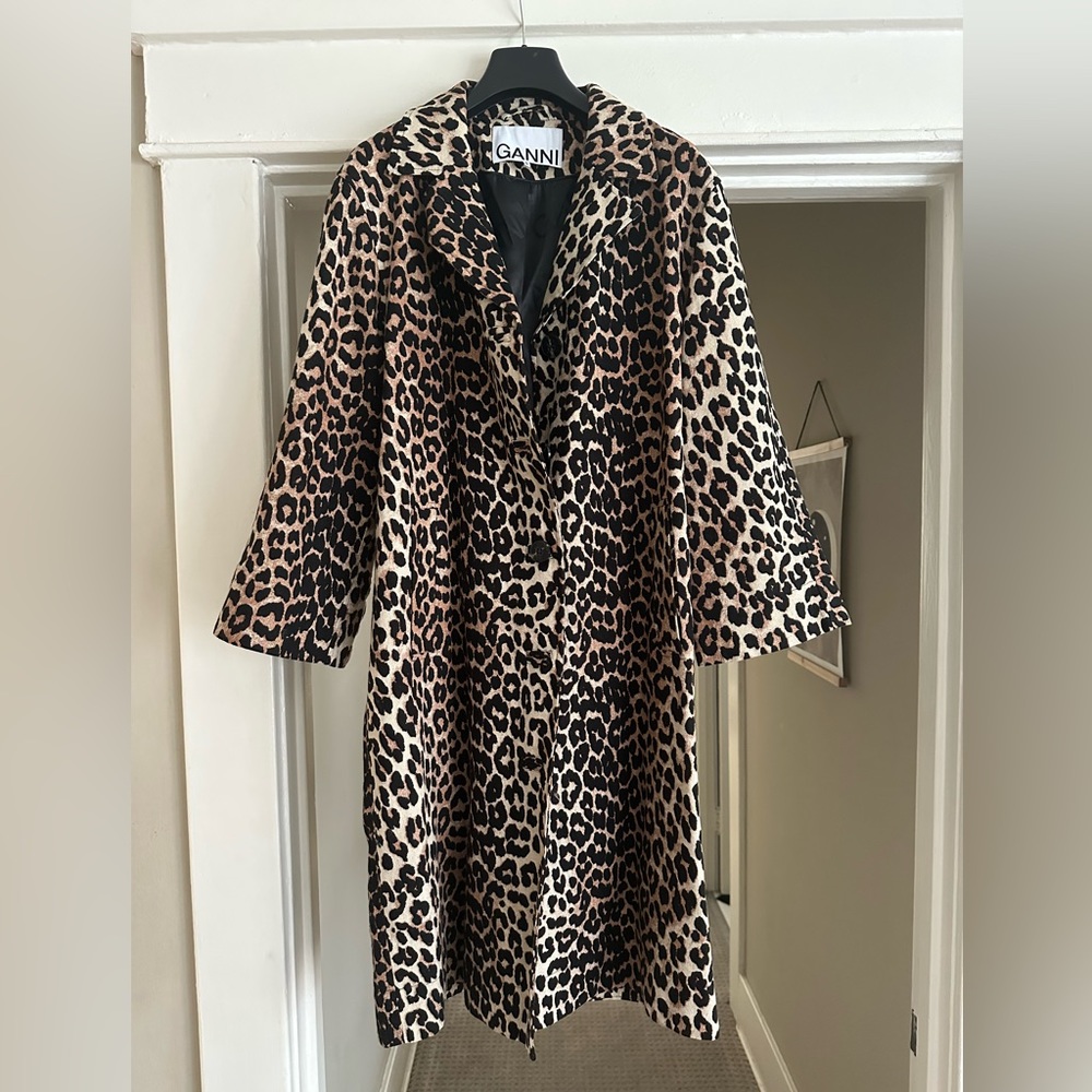 GANNI Leopard Print Linen & Cotton Trench Size M
